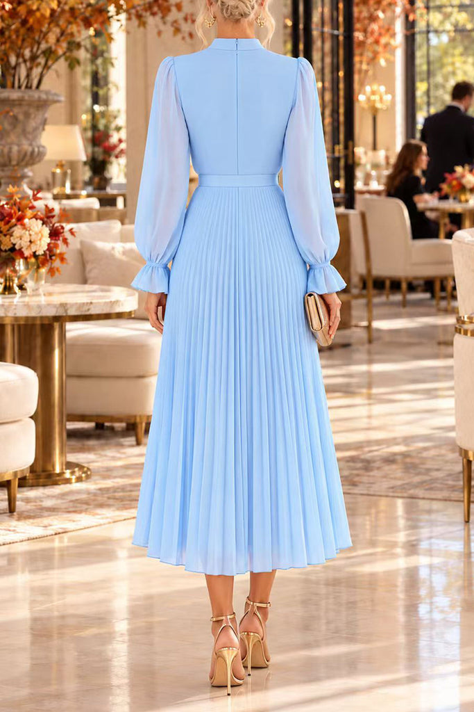 Karleedress Mock Neck Sheer Sleeve Pleated Ruffle High-Low Midi Dress (E)