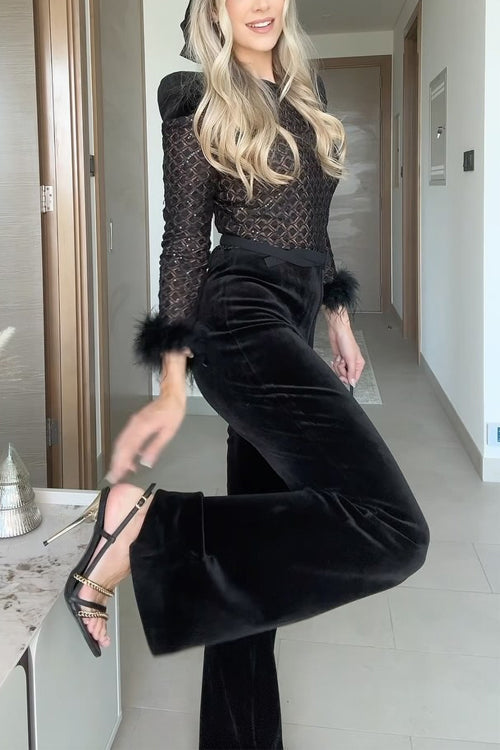 Karleedress Feather Cuffs Bell Bottom Velvet Splice Jumpsuit