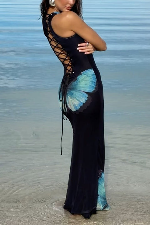 Karleedress Back Lace-up Sleeveless Butterfly Print Maxi Dress