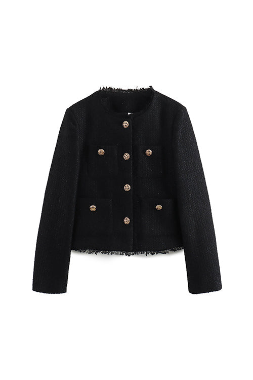Karleedress Button Up Frayed Hem Short Tweed Jacket