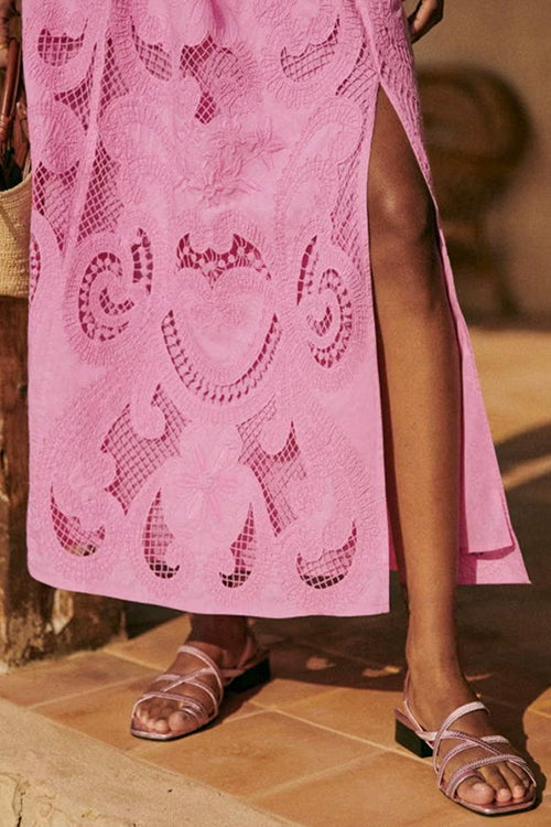 Karleedress Lace Hollow Out Slit A-line Maxi Skirt