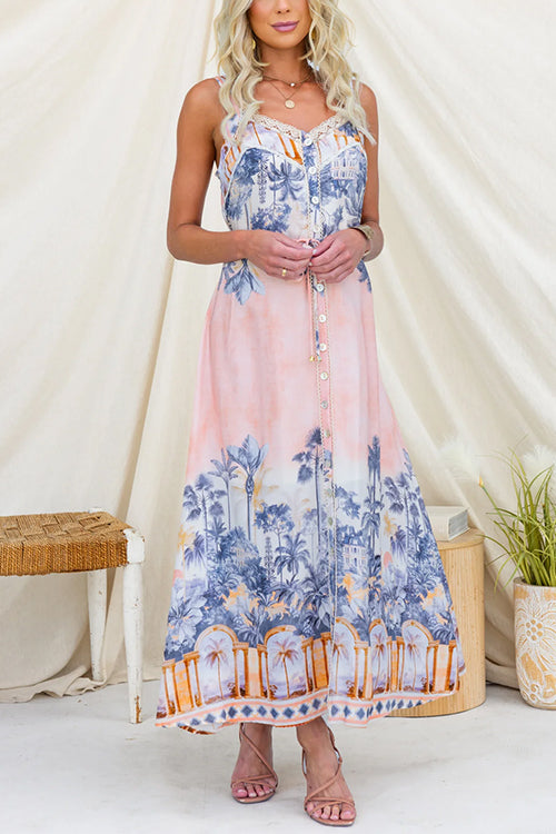 Spaghetti Strap Scenic Print Lace Trim Button Front Maxi Dress