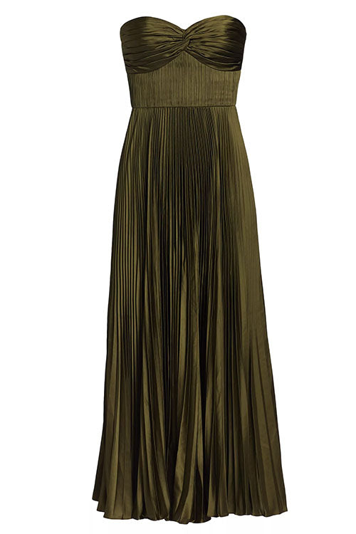 Strapless Twist Front Pleated Swing Maxi Dress