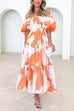 Karleedress Off Shoulder Puff Sleeves Tiered Printed Midi Swing Dress