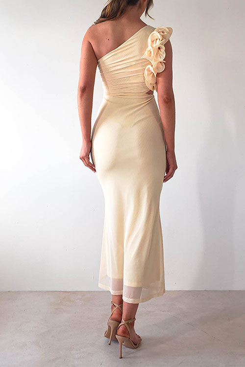 Frill One Shoulder Sleeveless Cut Out Waist Mesh Maxi Dress