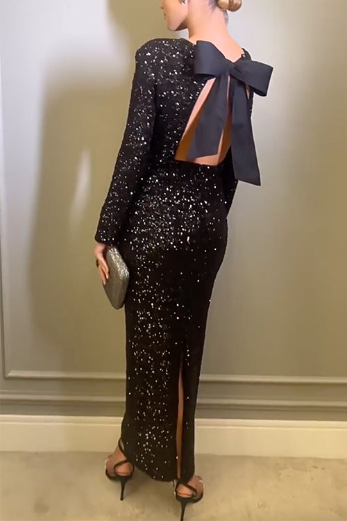 Karleedress Bow Backless Sequin Bodycon Maxi Party Dress