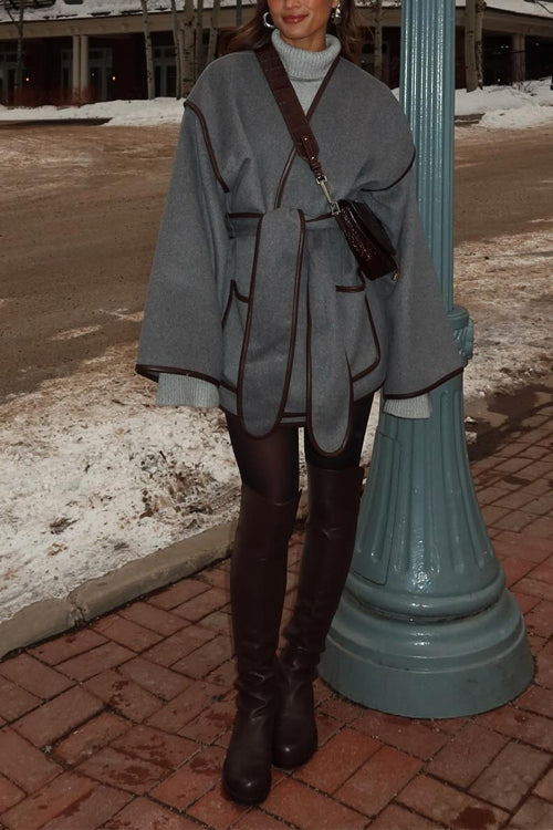 Karleedress Open Front Pocketed Splice Coat with Belt