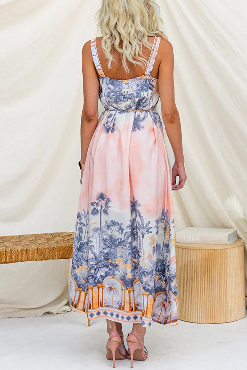 Spaghetti Strap Scenic Print Lace Trim Button Front Maxi Dress