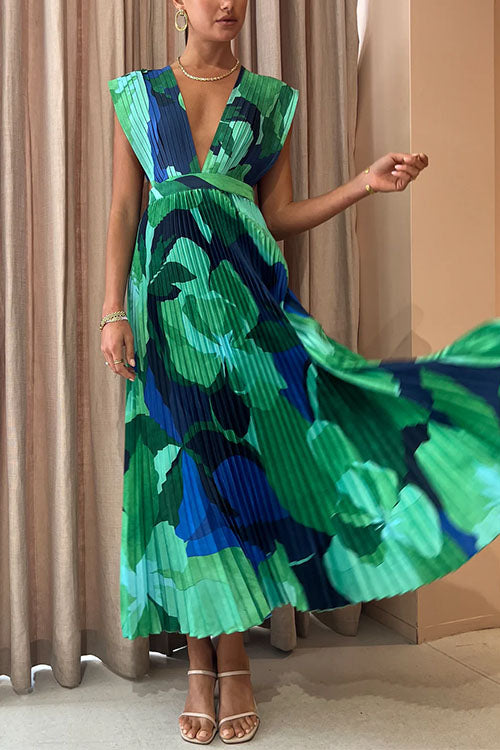 Karleedress V Neck Waisted Back Cut Out Printed Maxi Pleated Dress
