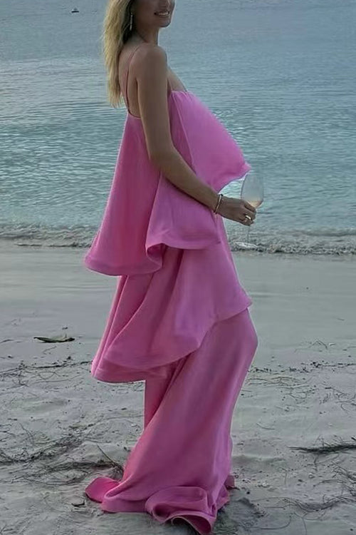 Karleedress Spaghetti Strap Ruffle Layered Satin Maxi Dress