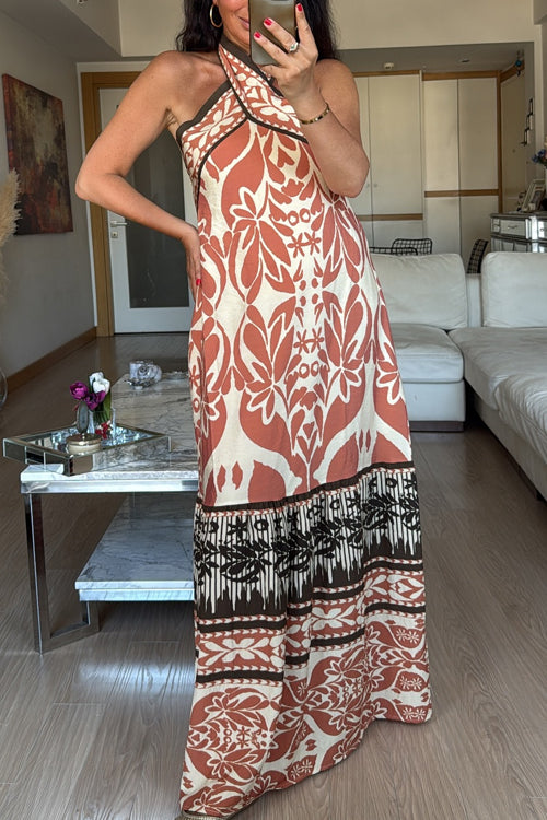 Criss Cross Halter Open Back Printed Maxi Vacation Dress