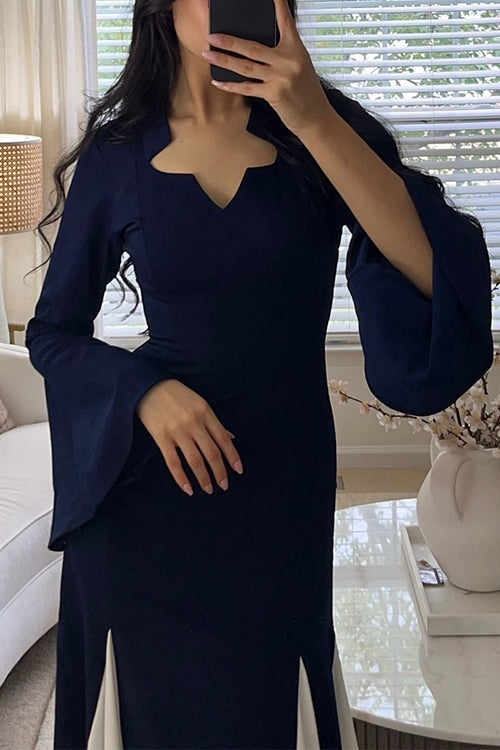 Bell Long Sleeves Color Block Swing Maxi Dress