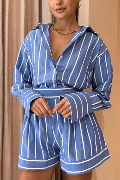 Karleedress Striped Long Sleeves Curve Hem Shirt and High Rise Shorts Set