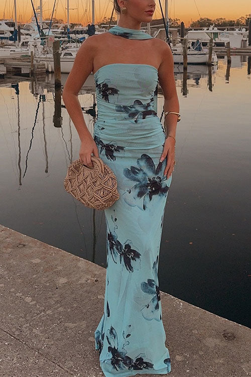 Karleedress Strapless Tube Floral Print Bodycon Maxi Dress