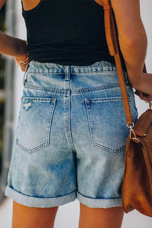Karleedress Rolled Hem Ripped Denim Shorts