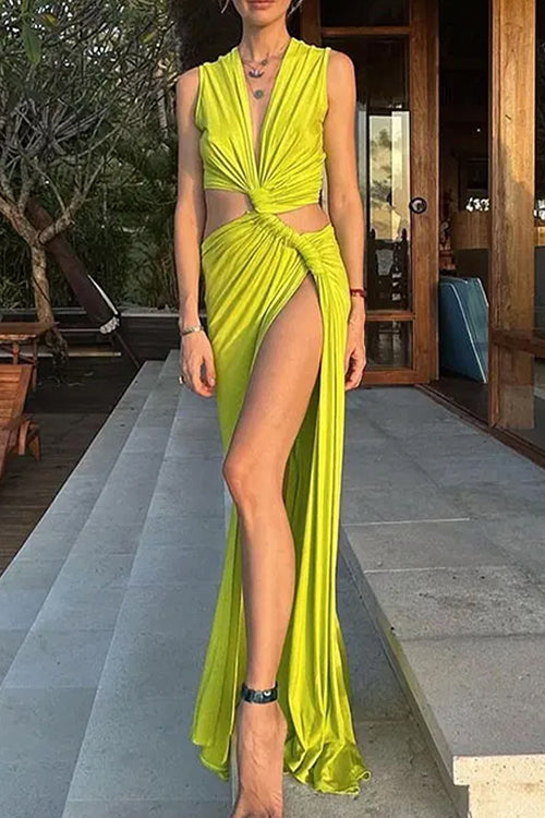 Karleedress V Neck Knot Front Cut Out High Slit Sleeveless Maxi Dress