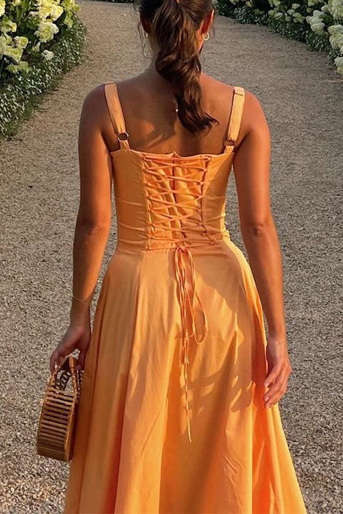 Karleedress Drawstring Neck Slit Bustier Midi Cami Dress