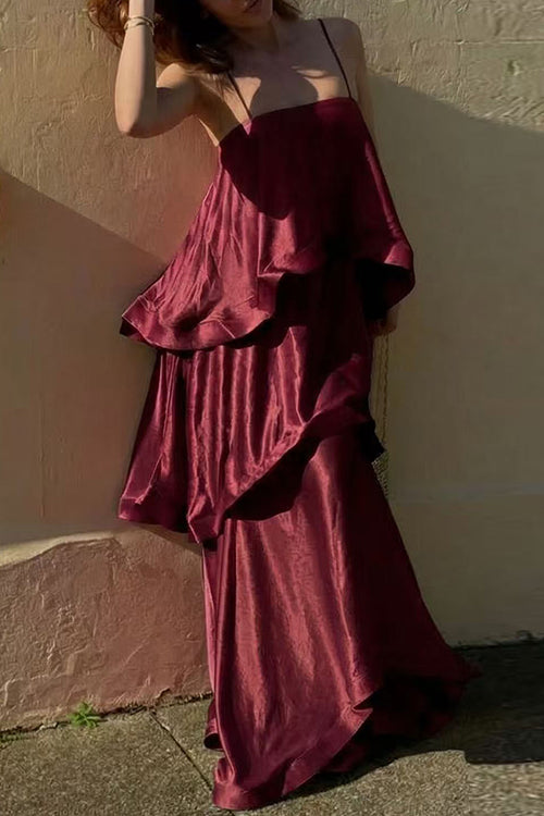 Karleedress Adjustable Strap Ruffle Layered Satin Maxi Dress