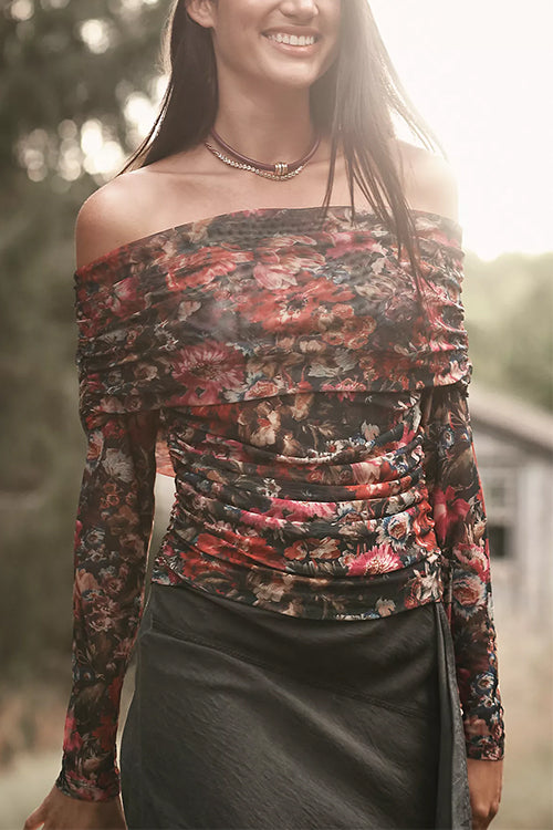 Off Shoulder Floral Print Mesh Top