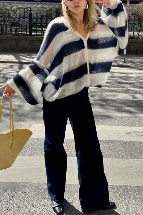 Karleedress Lantern Sleeves Button Down Color Block Stripes Sweater with Scarf