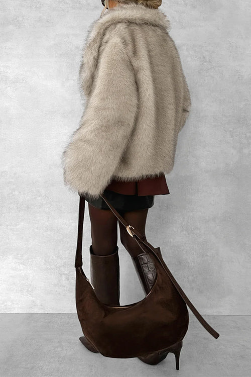 Karleedress Collared Open Front Winter Faux Fur Coat