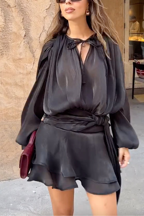 Karleedress Long Sleeves Lace-up Tie Waist Ruffle Mini Dress