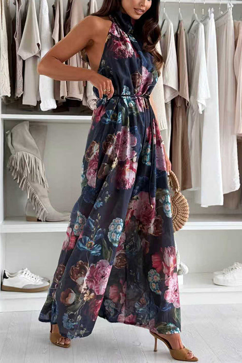 Halter Neck Backless Floral Print Palazzo Jumpsuit