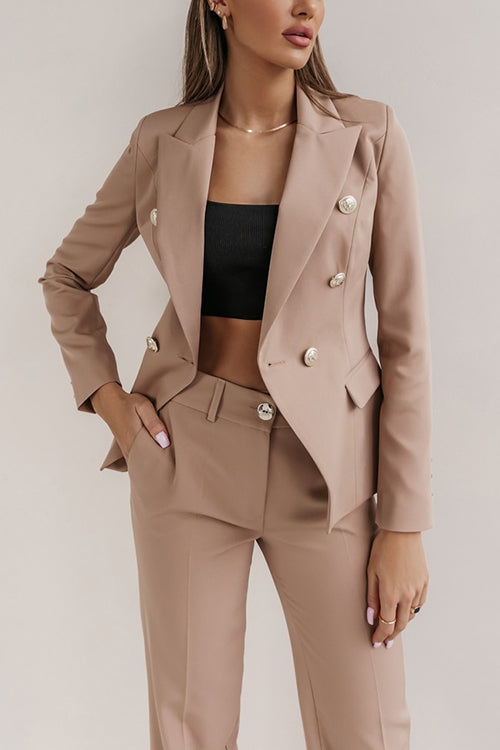 Lapel Open Front Double Breasted Pocketed Blazer