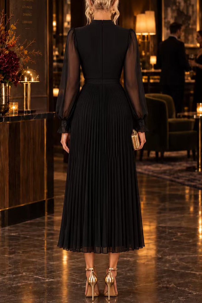 Karleedress Mock Neck Sheer Sleeve Pleated Ruffle High-Low Midi Dress (B)