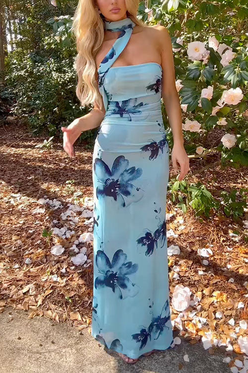 Karleedress Strapless Floral Print Mesh Bodycon Maxi Dress