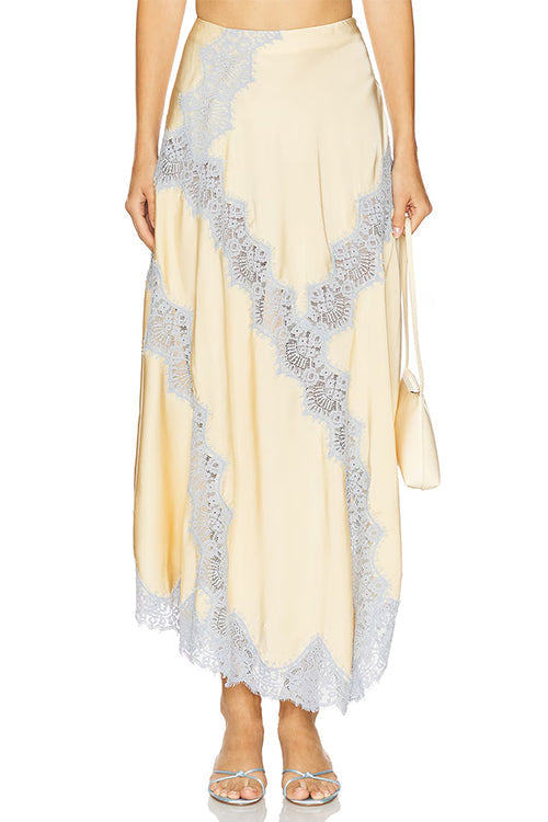 Karleedress High Rise Color Block Lace Trim Satin Maxi Skirt