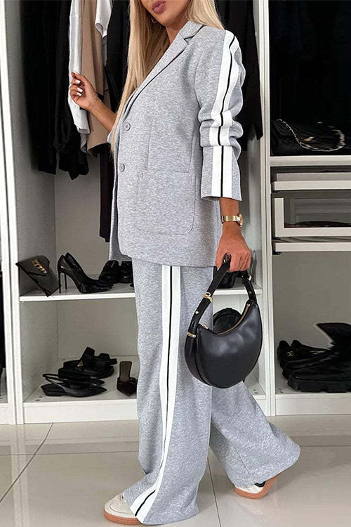 Karleedress Patchwork Notch Lapel Pocketed Blazer Elastic Waist Wide Leg Pants Casual Set