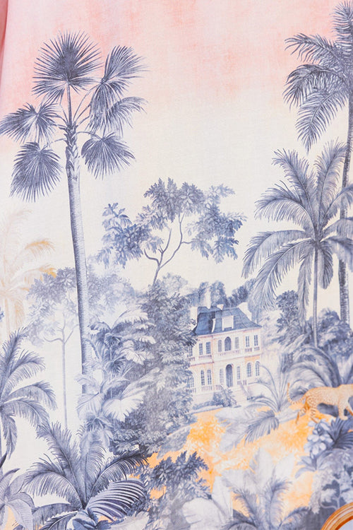 Spaghetti Strap Scenic Print Lace Trim Button Front Maxi Dress