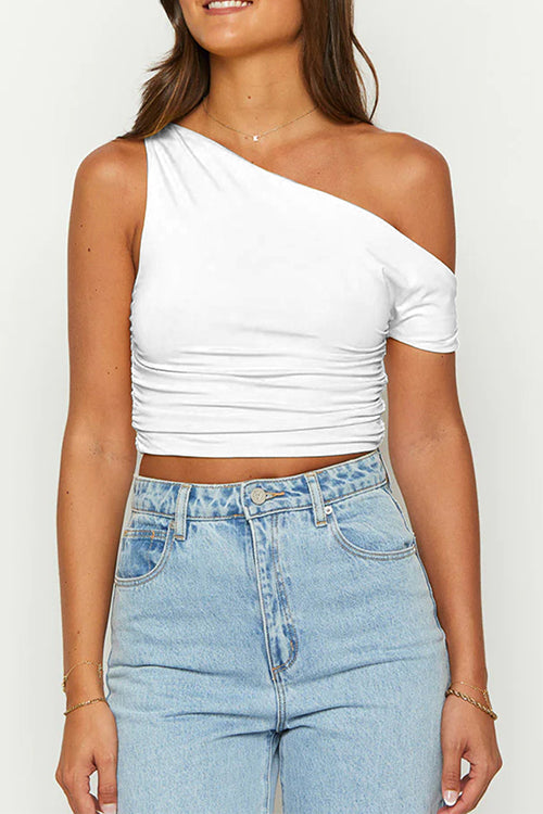 Karleedress Asymmetrical Shoulder Ruched Crop Top