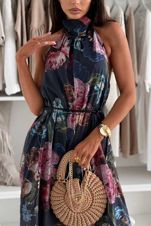 Halter Neck Backless Floral Print Palazzo Jumpsuit