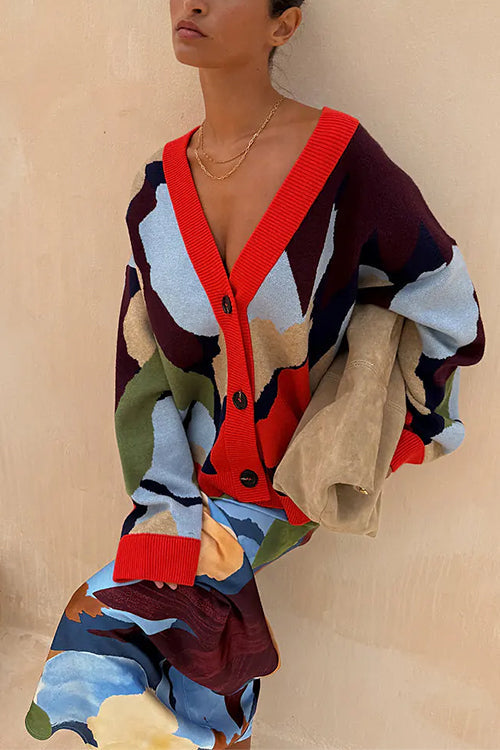 Karleedress V Neck Button Up Abstract Print Sweater Cardigan