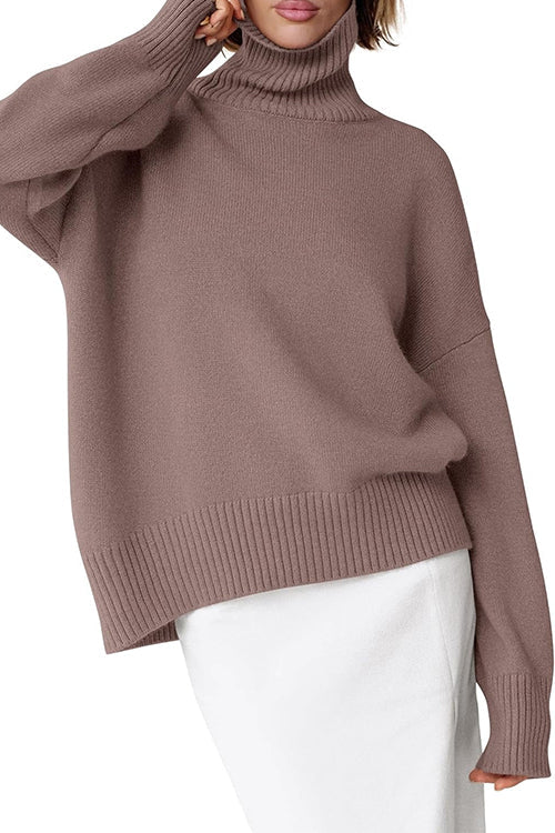 Karleedress High Neck Drop Shoulder Ribbed Hem Comfy Sweater