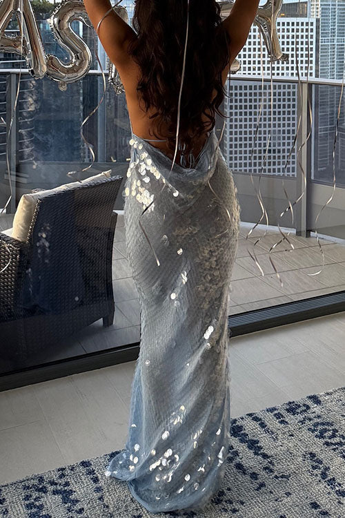 Karleedress Halter Cowl Neck Open Back Sequin Maxi Party Dress