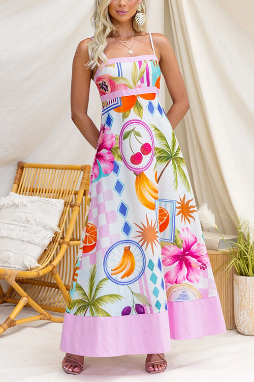 Spaghetti Strap Tropical Fruit & Floral Print A-Line Maxi Dress