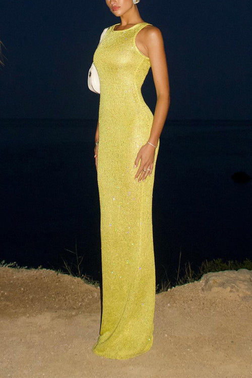Karleedress Round Neck Sleeveless Bodycon Glitter Maxi Party Dress