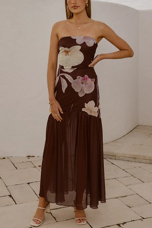 Strapless Tube Floral Print Flare Maxi Dress