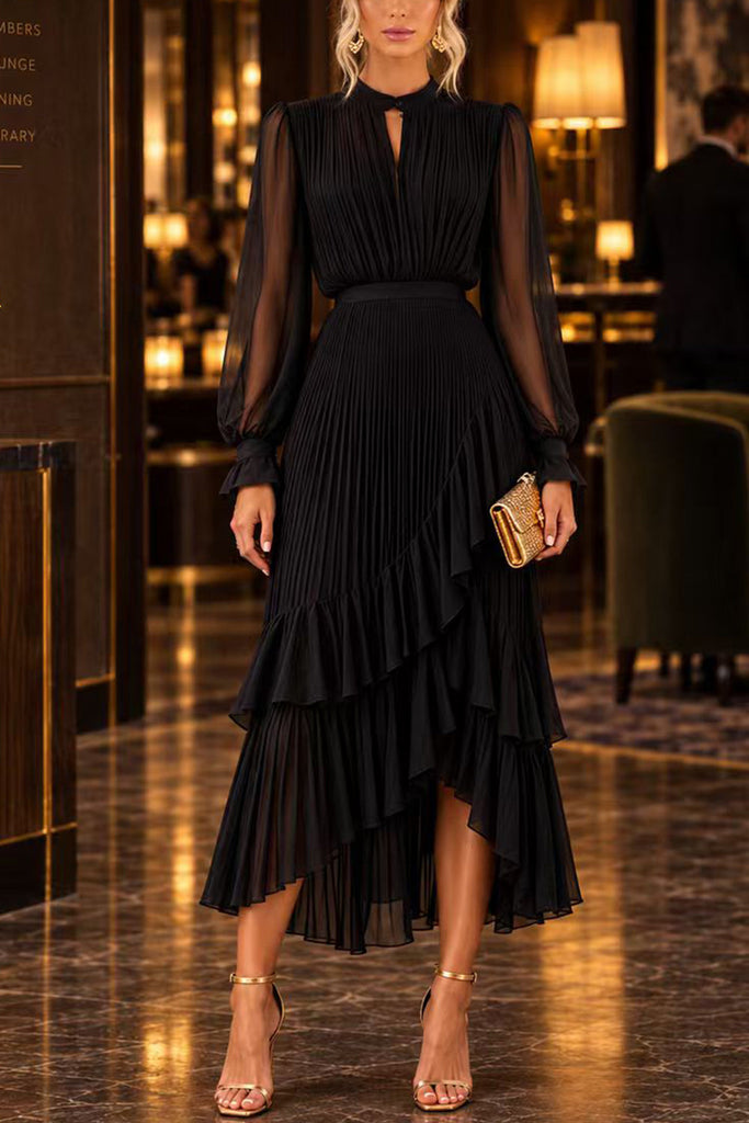 Karleedress Mock Neck Sheer Sleeve Pleated Ruffle High-Low Midi Dress (B)