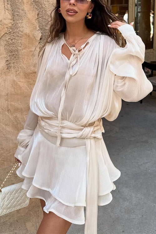Karleedress Long Sleeves Lace-up Tie Waist Ruffle Mini Dress