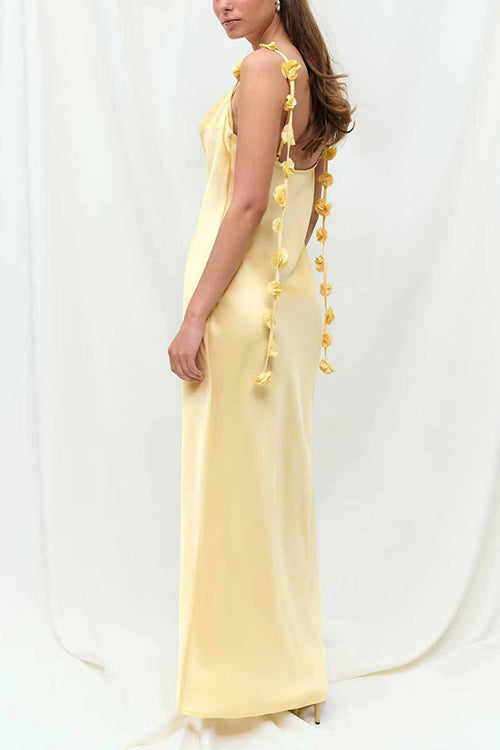 Cowl Neck Flower Applique Satin Maxi Cami Dress