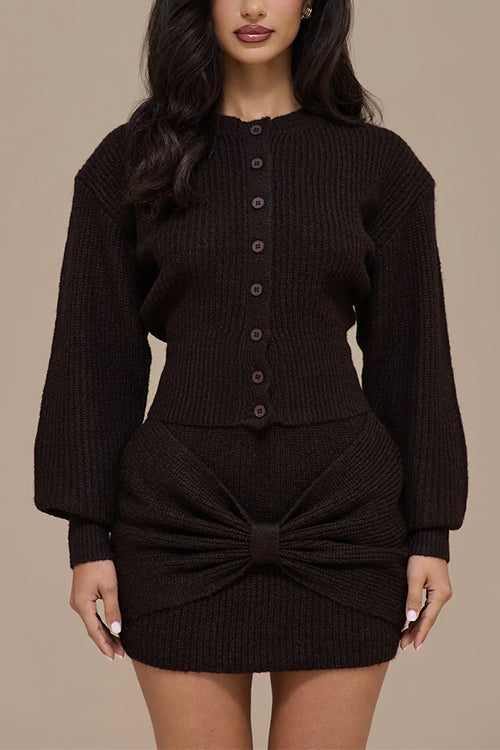 Lantern Sleeves Button Down Ribbed Knit Sweater Cardigan