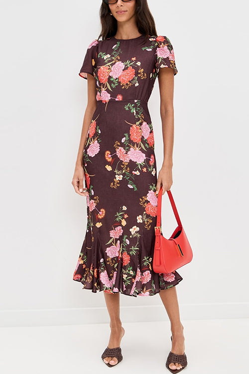 Crewneck Short Sleeves Floral Print Ruffle Hem Midi Dress