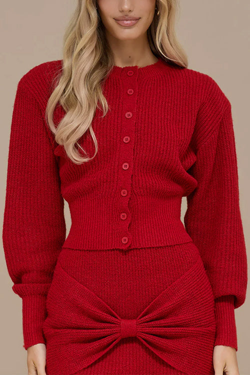 Lantern Sleeves Button Down Ribbed Knit Sweater Cardigan