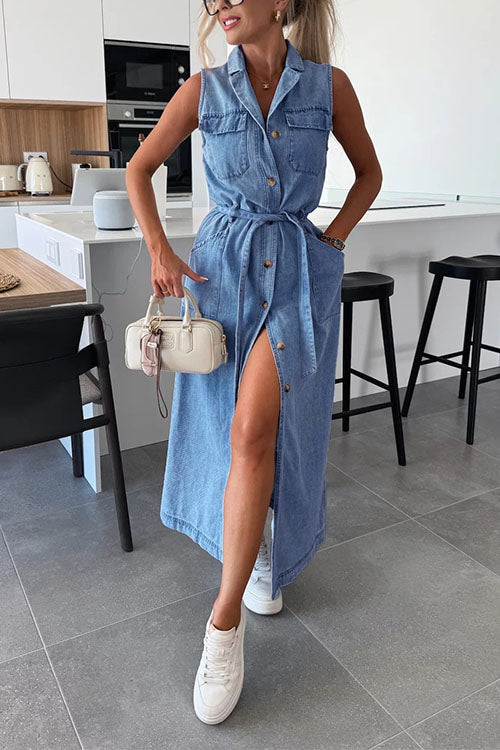 Karleedress Sleeveless Button Down Tie Waist Pocketed Denim Midi Dress