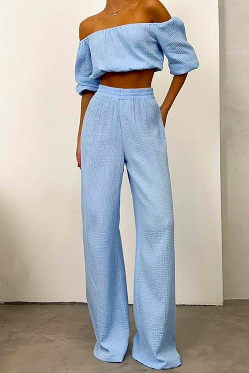 Karleedress Off Shoulder Half Sleeves Crop Top Wide Leg Pants Set