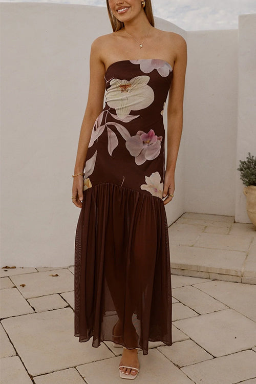 Strapless Tube Floral Print Flare Maxi Dress